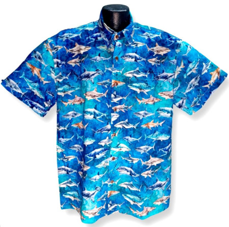 Turquois Shark Hawaiian shirt- Made in USA- 100% Cotton